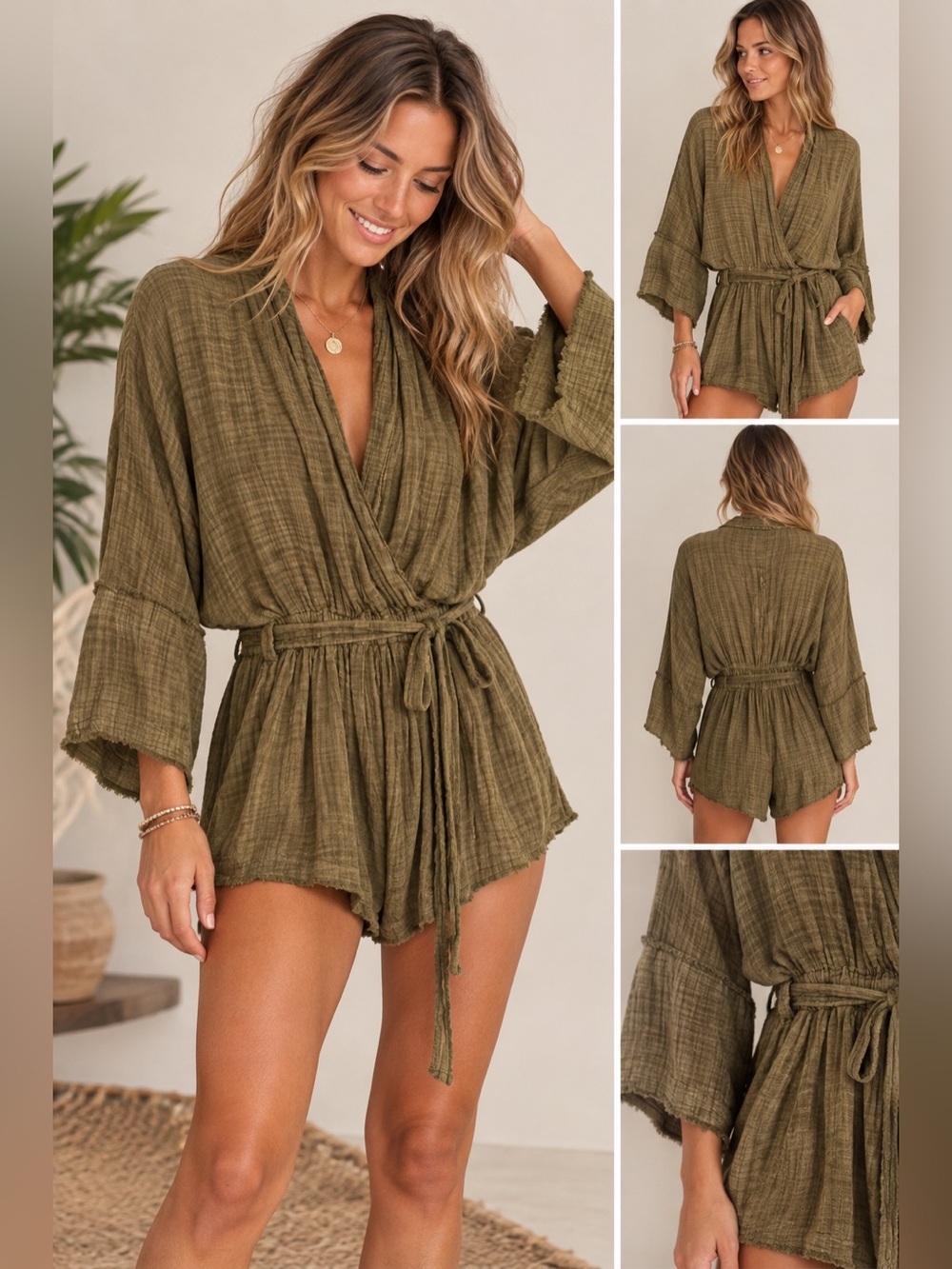 Free People Olive Textured Wrap Jumpsuit Romper